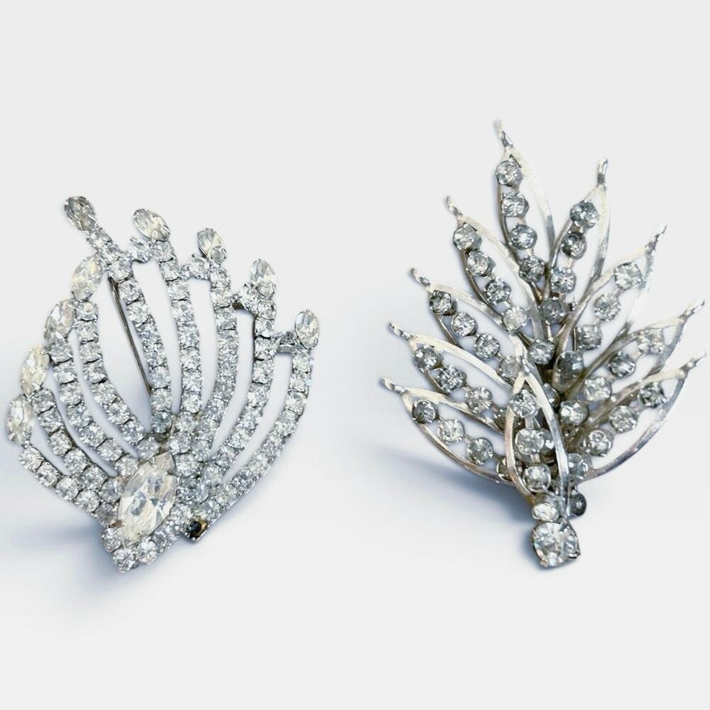 Vtg MCM Rhinestone Brooches Lot of 2 Silver Tone Fan Spray Palm Leaf Brooch Pins